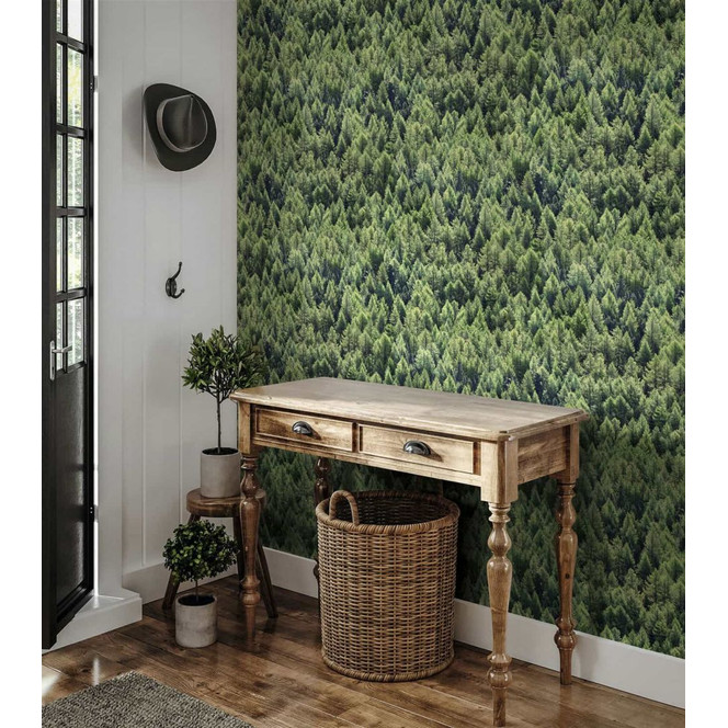 Vliestapete in Waldoptik mit Nadelbäumen grün Floral