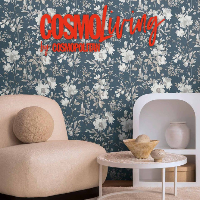 COSMOPOLITAN Florale Vliestapete Aquarell Blaugrau Weiss - Blumentapete modern