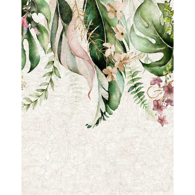 Fototapete Motivtapete Aquarell Tropenblätter mit Blüten und feinen Goldlinien 3.4 x 2.65 m