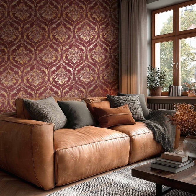 Vliestapete Davide Ornament Rot Metallic - Maison Du Temps Neo-Klassik Wohnzimmer Flur Küche