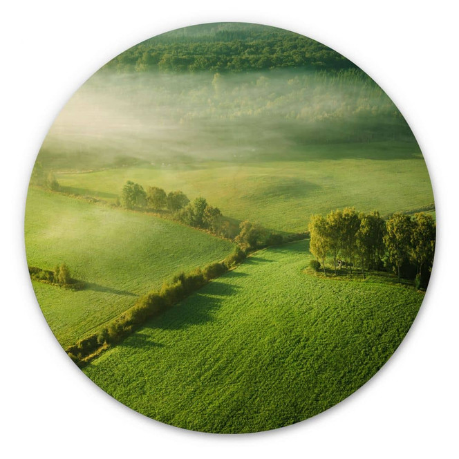 Holzbild Idyllische Felder im Nebel - Keller - Rund