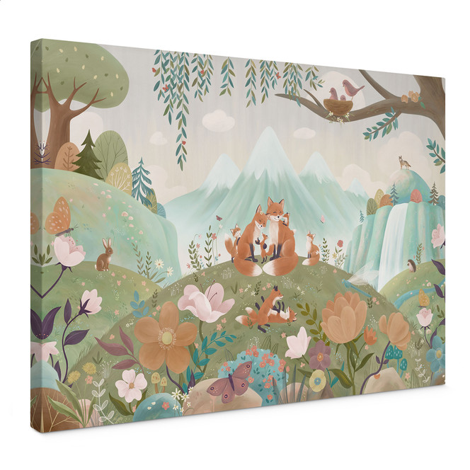 Leinwandbild Fuchs Familie auf der Blumenwiese - Oliver Robins