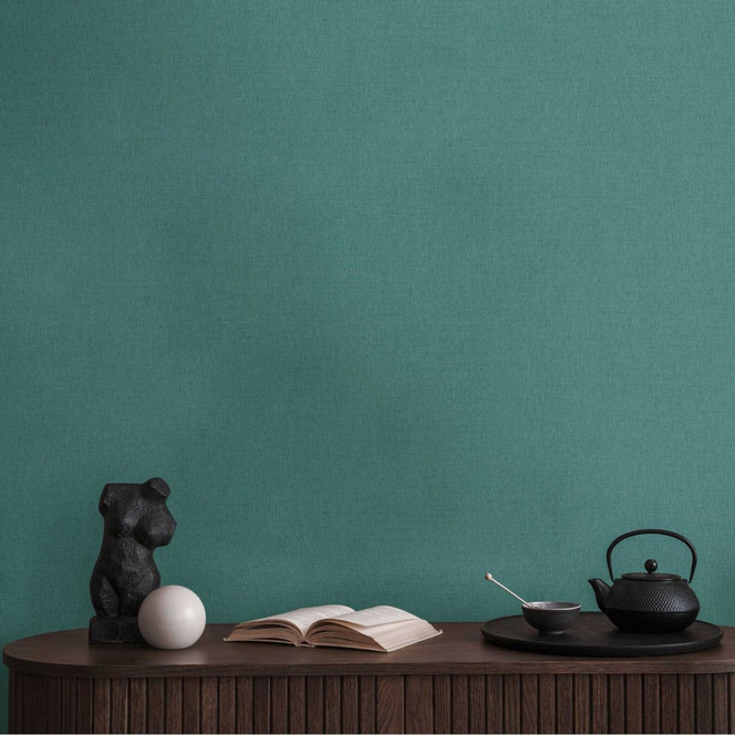Unitapete in Leinenoptik Petrol – Strukturtapete modern & elegant
