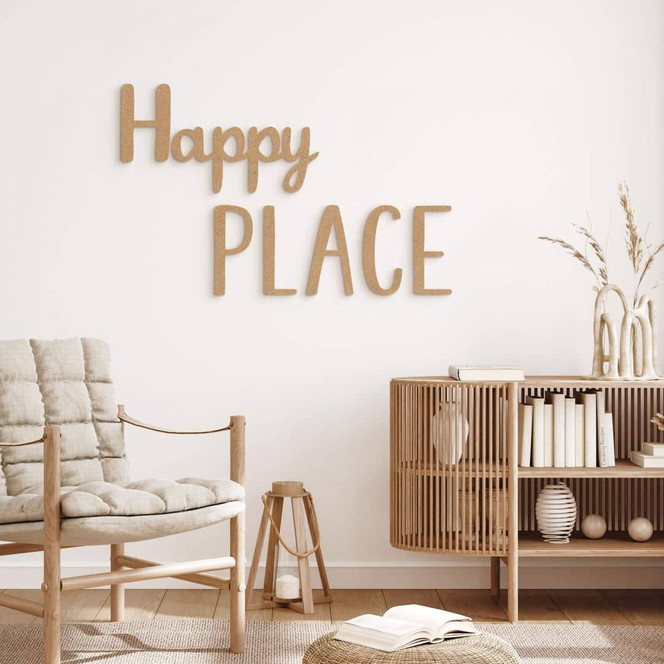 3D Deko Schriftzug Happy Place - MDF Natur
