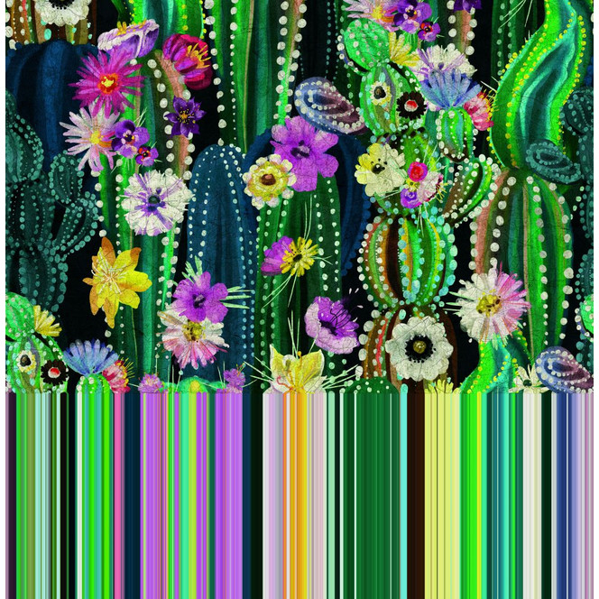 Fototapete Wandtapete mit Motiv Aquarell Kakteen mit Blumen und Punktmuster 2.7 x 2.65 m