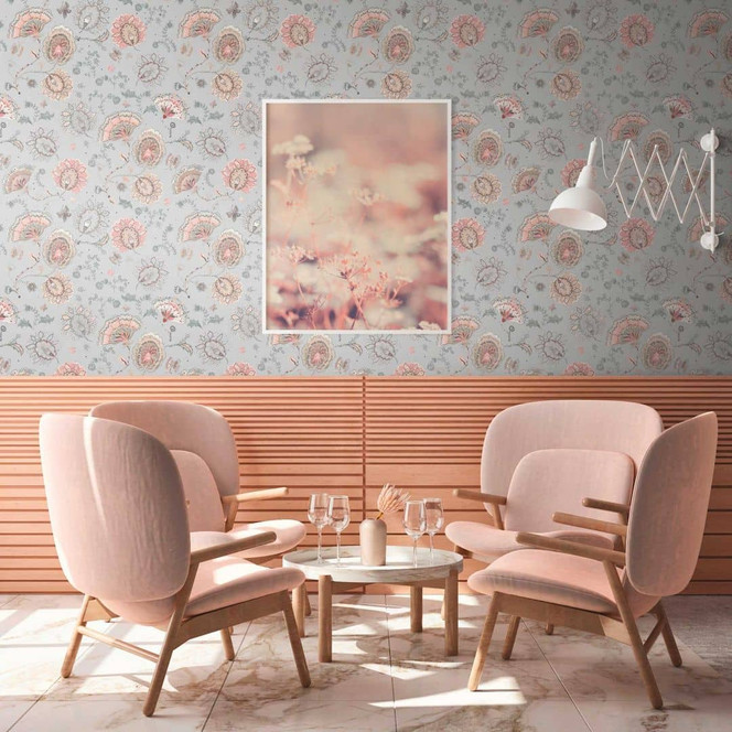 Klassische Blumentapete Grau Rosa - Vliestapete Natürlich - Pflanzen Tapete