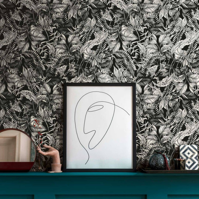 Tapete mit Dschungel-Motiv Schwarz-Weiss - Vliestapete mit Pflanzen und Blüten