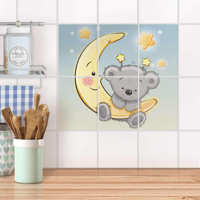 Fliesenaufkleber hoch - Teddy und Mond - 6er Set