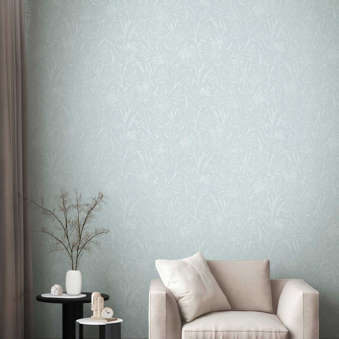 Florale Vliestapete mit Prägung Eisblau – Struktur-Tapete mit filigranen Gräsern