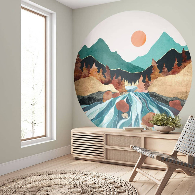 Fototapete Berg Land Fluss - SpaceFrog Designs - Rund - Selbstklebend/Vlies