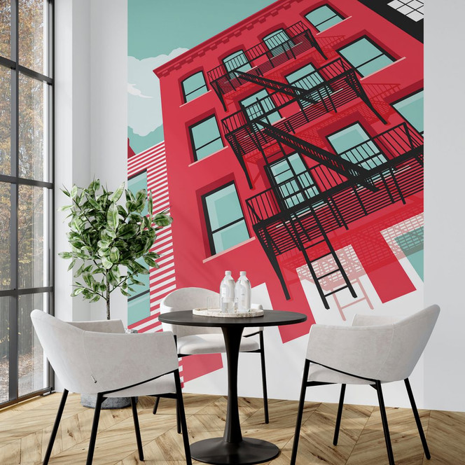 Fototapete Rote Fassade mit Feuertreppe in New York - Heemskerk