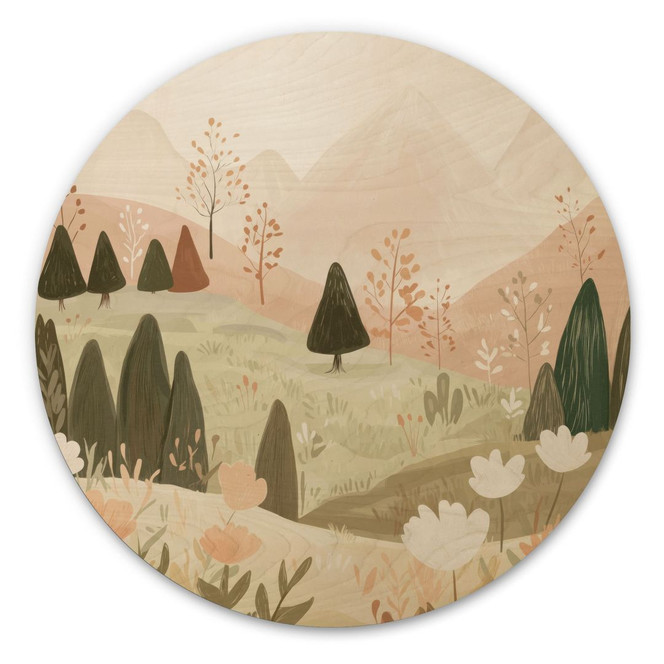 Holzbild Pastell Berglandschaft mit Blumen - Treechild - Rund