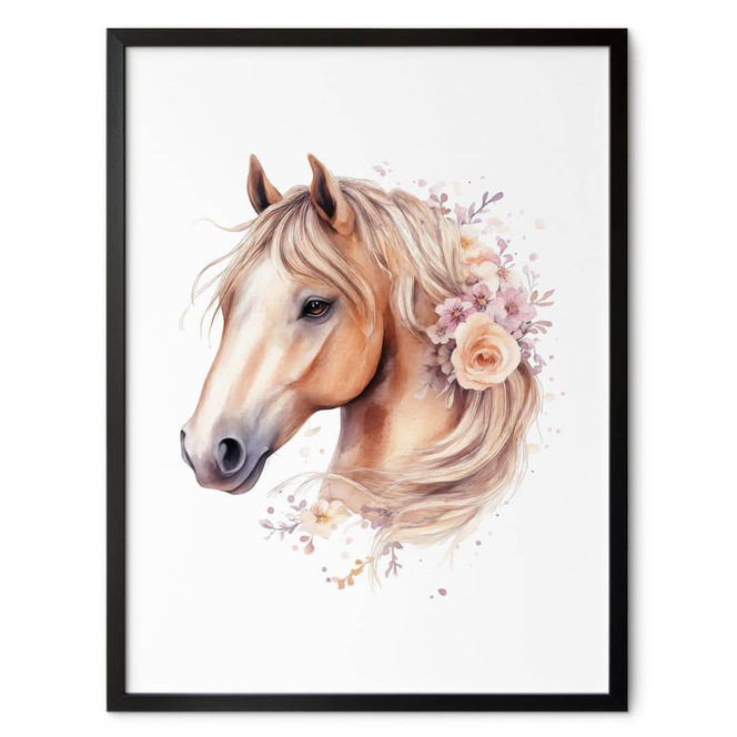 Poster Boho Pferd mit Blumen-Mähne | Pferdeporträt für das Kinderzimmer
