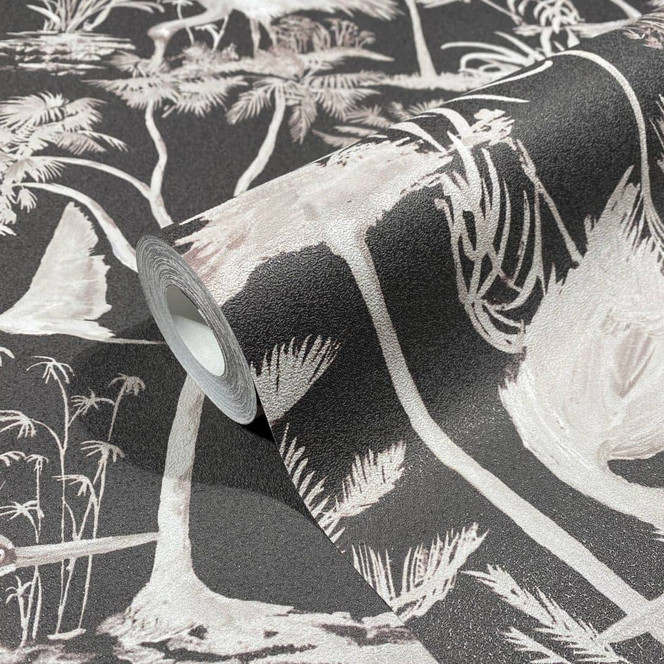 Vliestapete mit Schwänen und Pflanzen schwarz, grau Floral