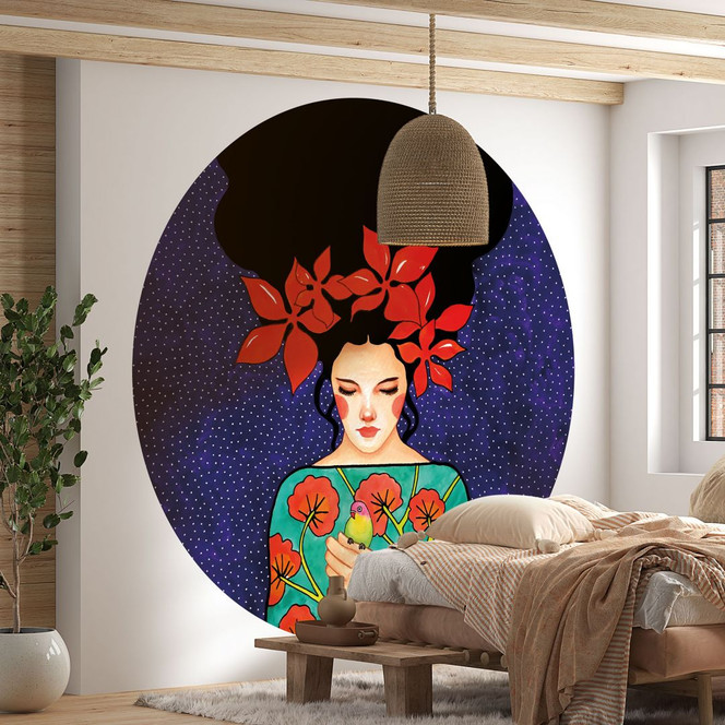 Fototapete Frau mit Blütenkrone und Vogel - Hülya - Rund - Selbstklebend/Vlies