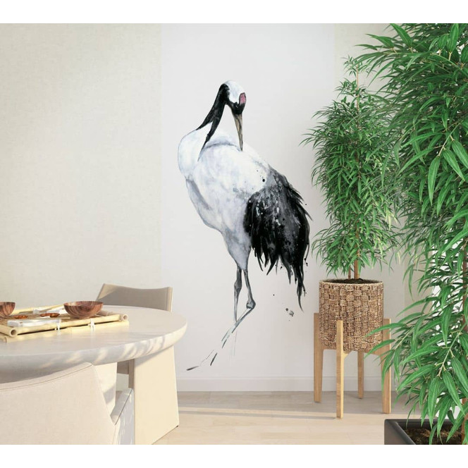 Fototapete mit Kranich im Asia Style weiss, schwarz Illustration 2.70 x 1.06 m