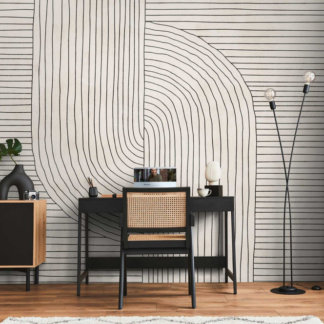 Fototapete Modern Beige Schwarz - Vliestapete mit Linienmuster für Wohnzimmer & Büro