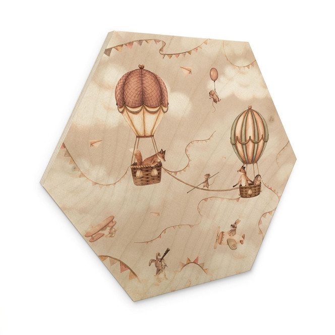 Hexagon Holzbild Tierisches Abenteuer mit Heissluftballon - Oliver Robins