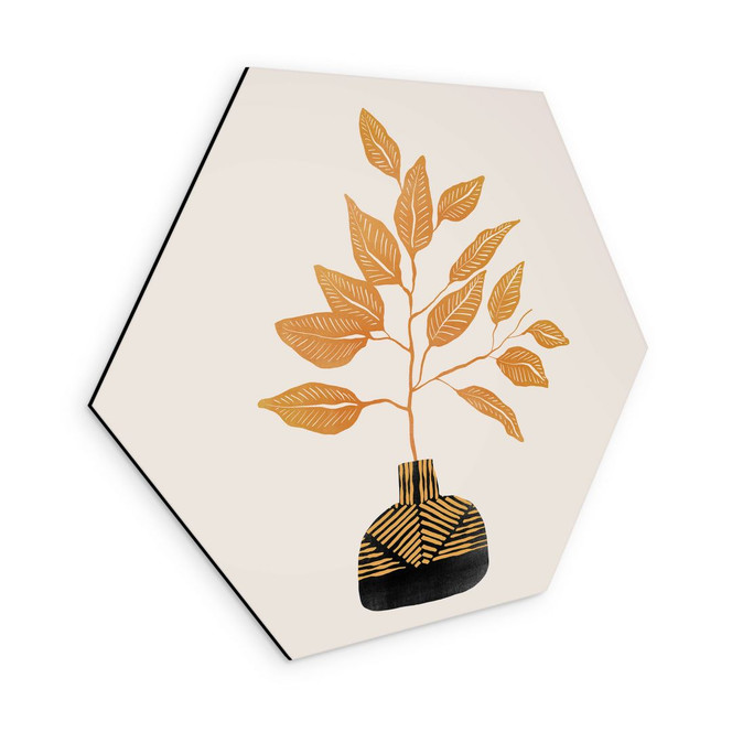 Hexagon Wandbild Goldener Zweig mit Blättern - Cats & Dotz - Alu-Dibond