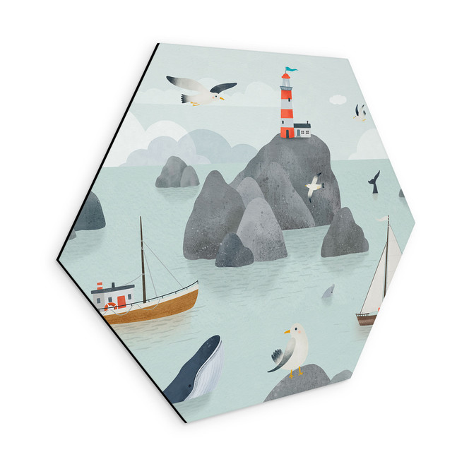 Hexagon Wandbild Maritimes Küstenmotiv mit Leuchtturm - Oliver Robins - Alu-Dibond