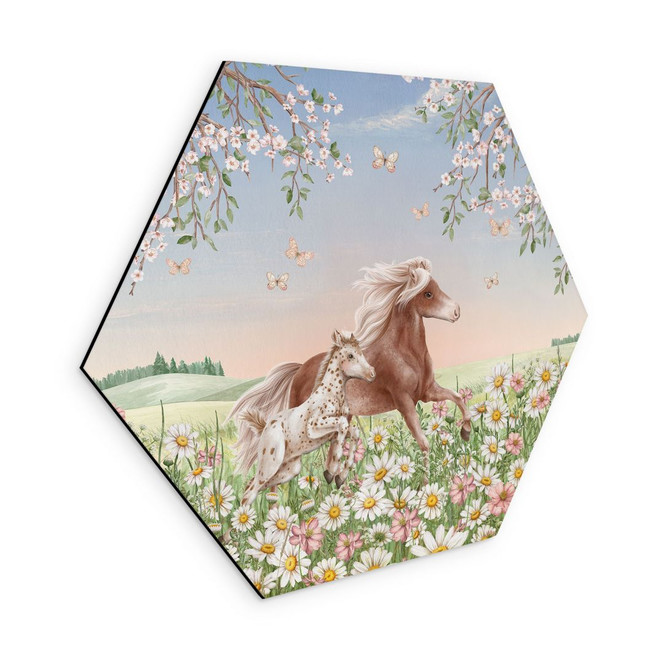 Hexagon Wandbild Pferde auf der Blumenwiese - Kikki Belle - Alu-Dibond