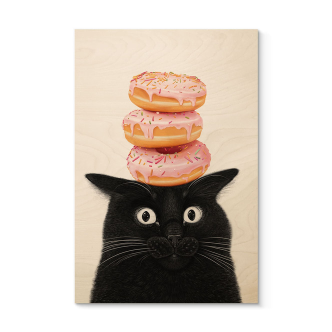 Holzbild Schwarze Katze mit pinken Donuts - Korenkova
