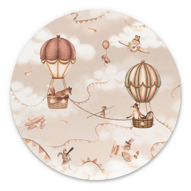 Wandbild Tierisches Abenteuer mit Heissluftballon - Oliver Robins - Alu-Dibond - Rund