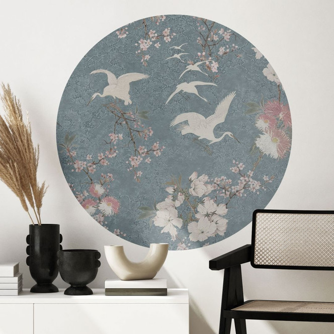Wandtattoo Kraniche im Kirschblüten-Rausch Blau - Bloomery Decor - Rund