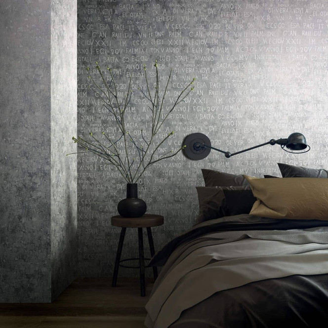 Vliestapete mit Buchstaben und Zahlen grau Grafisch