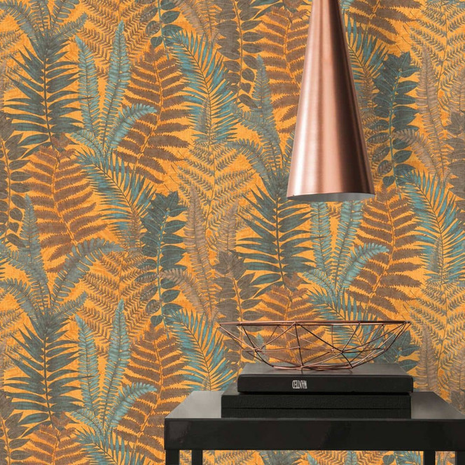 Mustertapete mit Farnblättern Bunt - Florale Tapete Gelb Blau Braun