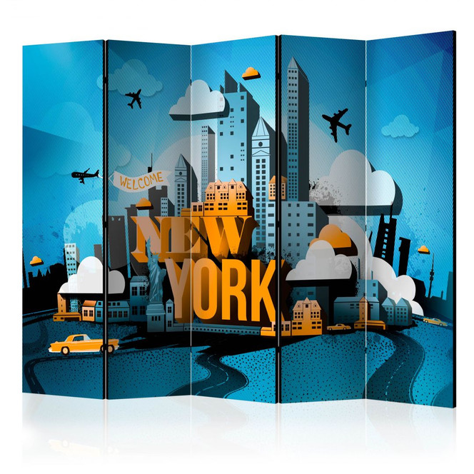 Paravent, Raumteiler freistehend, Trennwand - Willkommen in New York , 5-teilig - 225 x 172 cm