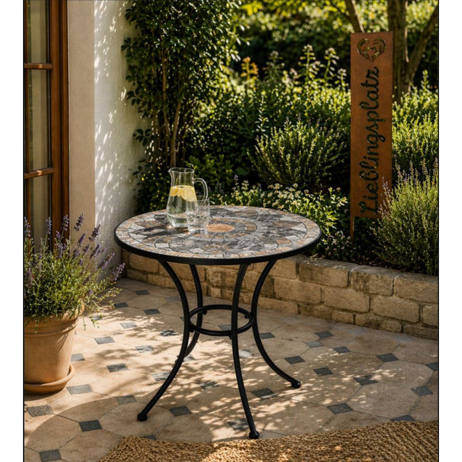 Gartentisch mit schönem Stein-Mosaik Muster, 60 cm Durchmesser robust, Innen- und Aussen, Winterfest