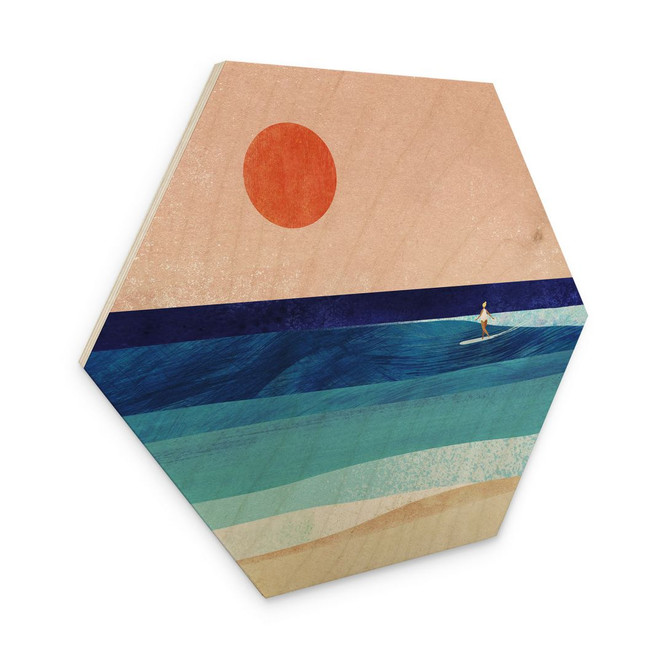 Hexagon-Holzbild Surfer Mädchen beim Sonnenuntergang - Rivers