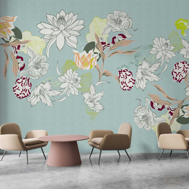 Botanische Tapete in Mint - Vliestapete mit gezeichnetem Blumenarrangement