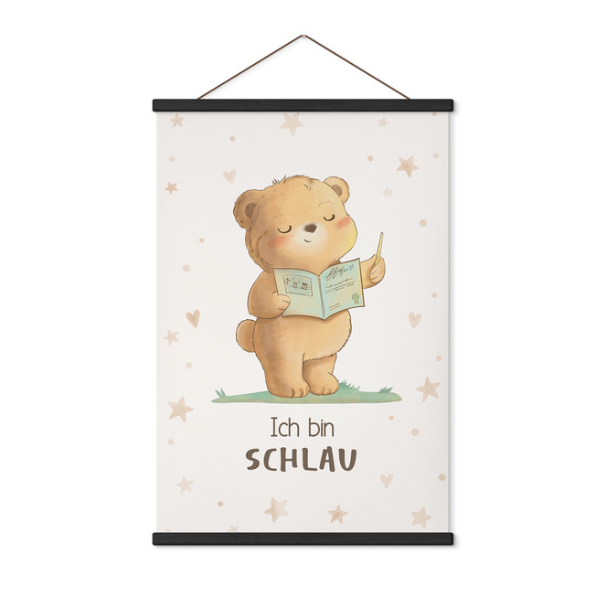 Stoffbild mit Bär und Buch - Selbstliebe-Spruch "Ich bin schlau"