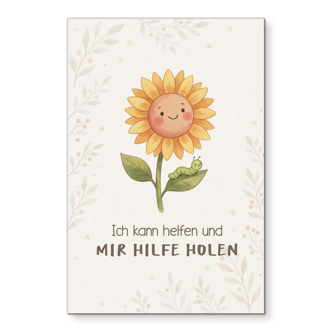 Alu-Dibond Wandbild mit Sonnenblume und Raupe - Kraftsatz "Ich kann helfen" für Kinder