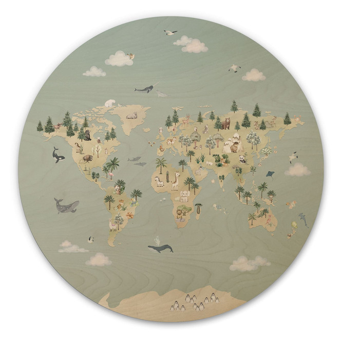 Holzbild Weltkarte - Welt der Tiere - Oliver Robins - Rund