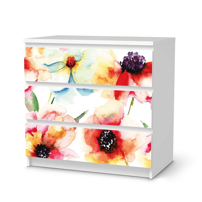 Klebefolie IKEA Malm Kommode 3 Schubladen - Water Color Flowers- Bild 1