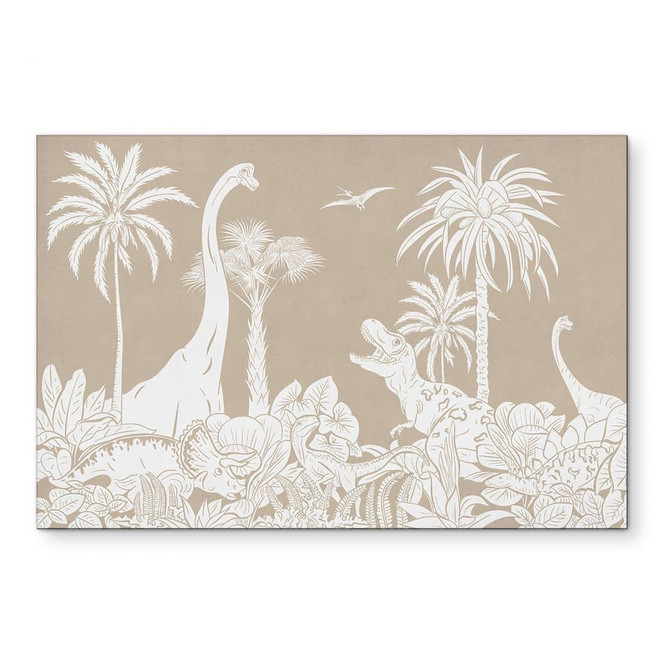 Wandbild Dinosaurier im wilden Dschungel - Braun - Kikki Belle - Alu-Dibond