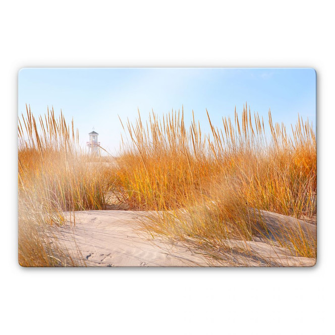 Glasbild Leuchtturm im Strandfeld