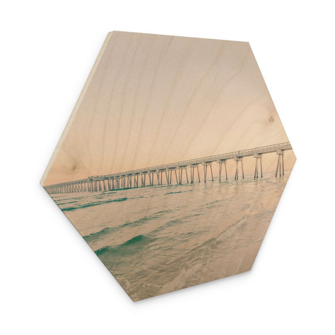 Hexagon-Holzbild Seebrücke über dem Meer - Sisi & Seb
