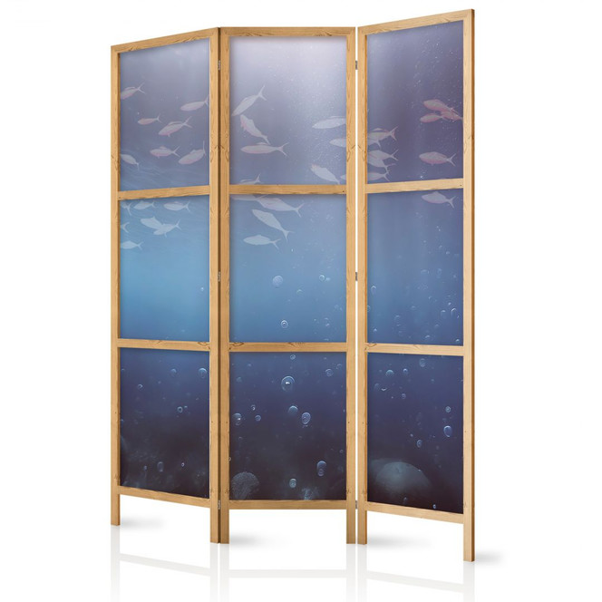 Japanischer Paravent, Raumteiler freistehend, Trennwand - Illuminated Oceanic Depth: School of Tiny Fish