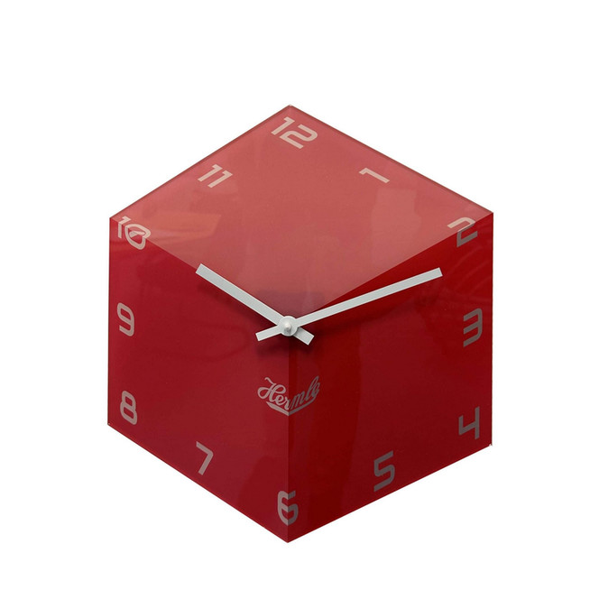 Sechseckuhr 3-D Würfel Rot mit weissen arabische Zahlen Logo Hermle und MIG