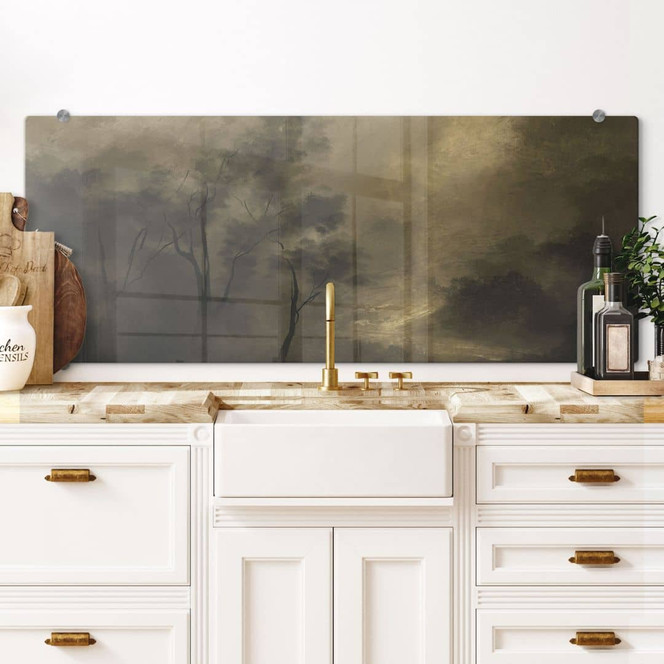 Spritzschutz Bäume im Nebel der Dämmerung - Hobday - Panorama