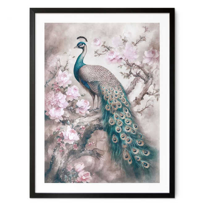 Poster Edler Pfau mit Blüten - Haase