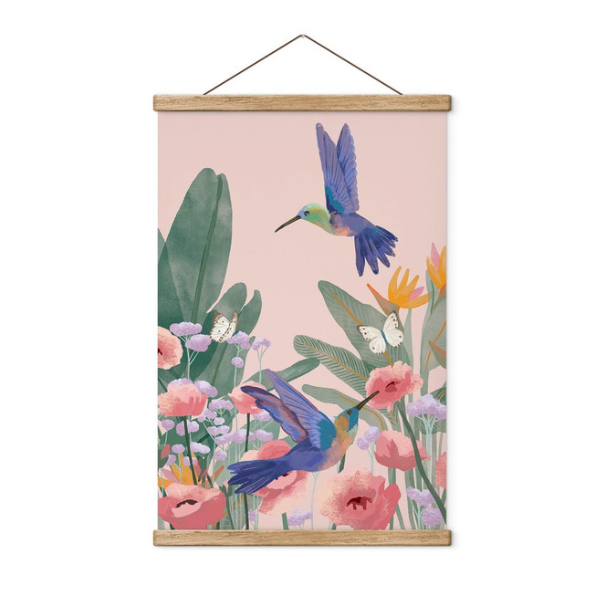 Stoffbild Zwei Kolibris auf der bunten Blumenwiese - Goed Blauw