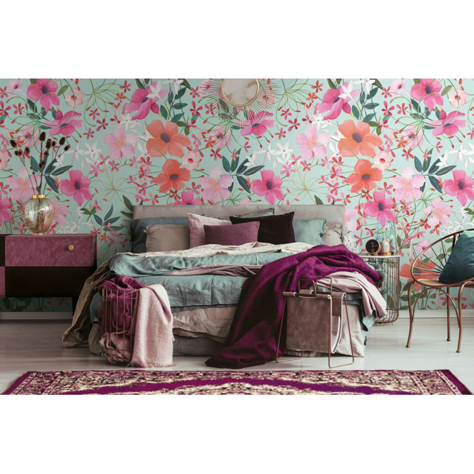 Fototapete Floral bunt türkis - Vliestapete Blumen Pflanzen Livingwalls - matt und glatt