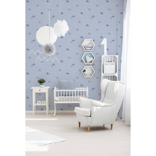 A.S. Création Kinderzimmertapete Little Love Vliestapete mit niedlichen Walen blau, grau, weiss