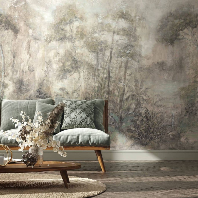 Fototapete in gezeichneter Wald beige, grün, braun Floral