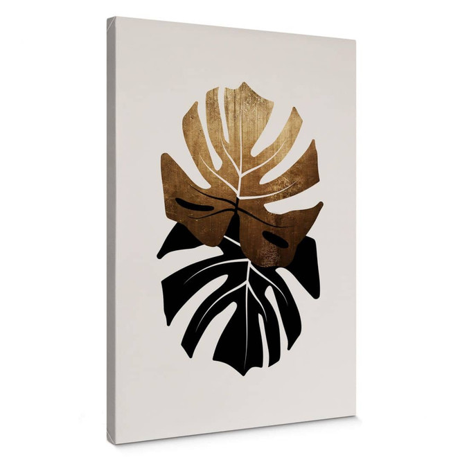 Leinwandbild Kubistika - Schwarz-goldene Monstera Blätter